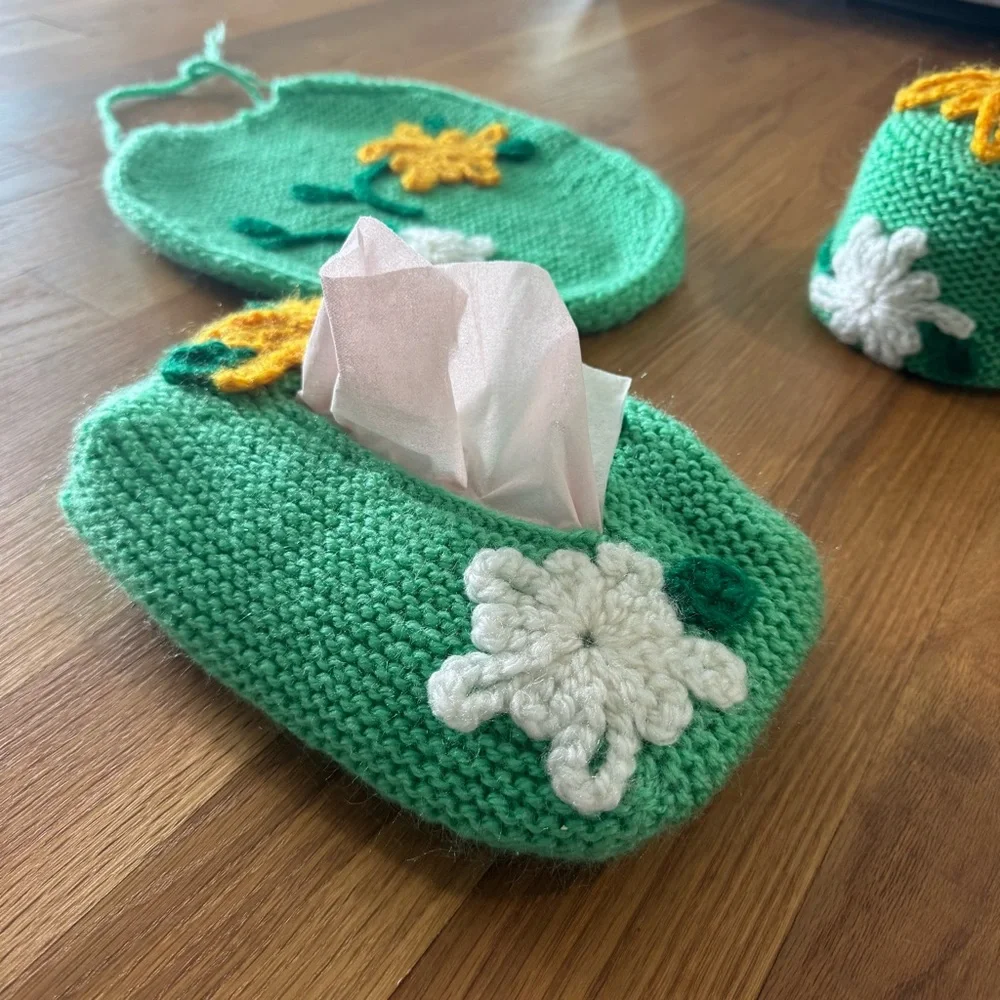 Vintage Hand Knit Crochet Bathroom Set – 3 Pieces, Green with Flowers